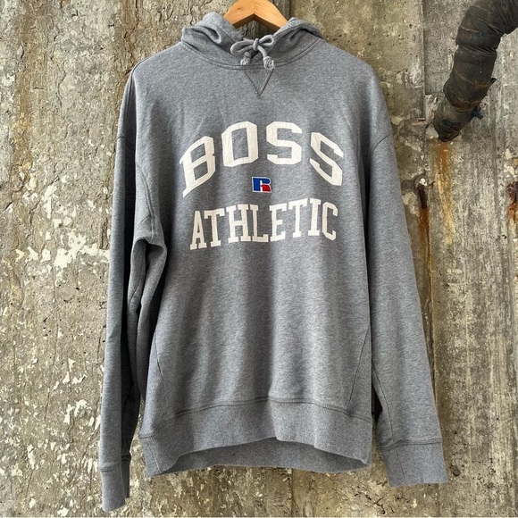 SOLD Hugo Boss X Russell Athletic Size Large Capsule Logo Gray Hooded Sweatshirt - Picture 1 of 9